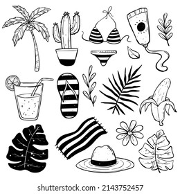 hand drawn summer elements with bikini, sunblock, cactus, lime juice, tropical leaves and coconut tree. best for banner or poster elements