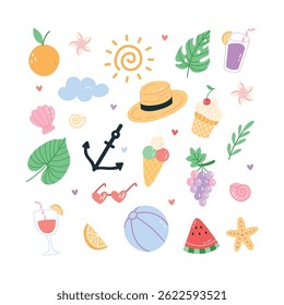 Hand drawn summer elements with fruits, desserts, and tropical decor