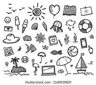 Hand drawn summer elements on isolated background. Sketchy doodles on white. Summer holidays. Signs and symbols. Black and white illustration