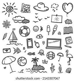 Hand drawn summer elements on isolated background. Sketchy doodles on white. Summer holidays. Signs and symbols. Black and white illustration