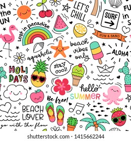 Hand drawn summer elements and quotes seamless pattern background.