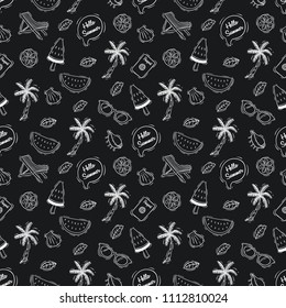 hand drawn summer elements in seamless pattern with chalkboard background