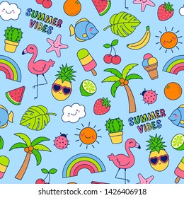 Hand drawn summer elements seamless pattern background.