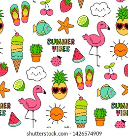 Hand drawn summer elements seamless pattern on white background.