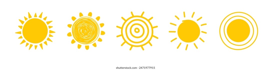 Hand drawn summer elements. Sun icon set. Vector illustration