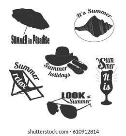 Hand drawn summer emblems set with inscriptions and beach elements on white background isolated vector illustration 