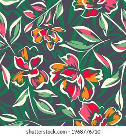 Hand drawn summer floral background. Botanical seamless pattern made of abstract flowers. Sketch drawing. Vintage style. Good for bedding, textile, fabric, wallpaper.