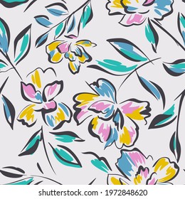 Hand drawn summer floral background. Botanical seamless pattern made of abstract flowers. Sketch drawing. Vintage style. Good for bedding, textile, fabric, wallpaper.