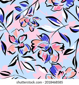 Hand drawn summer floral background. Botanical seamless pattern made of abstract flowers. Sketch drawing. Vintage style. Good for bedding, textile, fabric, wallpaper.