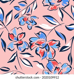 Hand drawn summer floral background. Botanical seamless pattern made of abstract flowers. Sketch drawing. Vintage style. Good for bedding, textile, fabric, wallpaper.