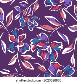 Hand drawn summer floral background. Botanical seamless pattern made of abstract flowers. Sketch drawing. Vintage style. Good for bedding, textile, fabric, wallpaper.