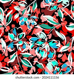 Hand drawn summer floral background. Botanical seamless pattern made of abstract flowers. Sketch drawing. Vintage style. Good for bedding, textile, fabric, wallpaper.