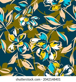 Hand drawn summer floral background. Botanical seamless pattern made of abstract flowers. Sketch drawing. Vintage style. Good for bedding, textile, fabric, wallpaper.