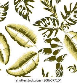 Hand drawn summer floral background with tropical abstract heliconia flower and green banana monstera plant leaves. Botanical Sketch drawing. Vintage style, for bedding, textile, fabric, wallpaper