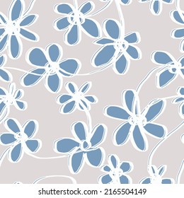 Hand drawn summer floral background. Botanical seamless pattern with bold line simple flowers. Hand drawing childish vector element. Sketch botanical drawing. Chamomile, daisy 
