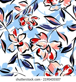 Hand drawn summer floral background. Botanical seamless pattern made of abstract flowers. Sketch drawing. Vintage style. Good for bedding, textile, fabric, wallpaper.