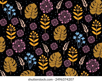 Fondo floral de verano dibujado a mano. Patrón botánico sin fisuras, dibujo de boceto. Diseño para la moda, tela, textil, Fondo de pantalla, cubierta, Web, envoltura y todos los estampados. flor abstracta sin costuras