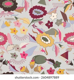 Hand drawn summer floral background. Botanical seamless pattern made of abstract flowers. Sketch drawing. Vintage style. Good for bedding, textile