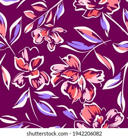 Hand drawn summer floral backround. Botanical seamless pattern made of abstract flowers. Sketch drawing. Vintage style. Goof for bedding, textile, fabric, wallpaper.