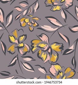 Hand drawn summer floral backround. Botanical seamless pattern made of abstract flowers. Sketch drawing. Vintage style. Goof for bedding, textile, fabric, wallpaper.