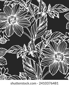 Hand drawn summer floral backround. Botanical seamless pattern made of abstract flowers. Sketch drawing. black and white. good for bedding, textile, fabric, wallpaper.