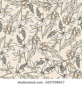 Fondo floral de verano dibujado a mano. Patrón botánico sin costuras . Dibujo de bocetos. Diseño para moda , tela, textil, papel pintado, portada, web , envoltura y todos los estampados
