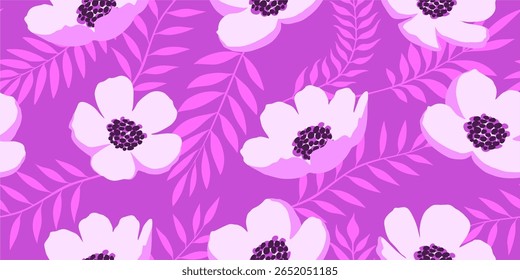 hand drawn summer flowers abstract seamless patterns. Hawaiian floral trendy design for textiles, wallpaper, wrapping paper, fabric, fashion, tropical botanical background vector illustration