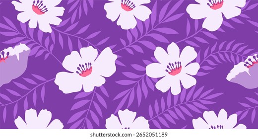 flores de verão desenhadas à mão abstrata sem emenda padrões. Design moda floral havaiano para têxteis, papel de parede, papel de embrulho, tecido, moda, ilustração de vetor de fundo botânico tropical