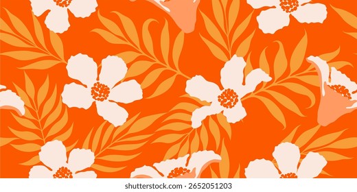 hand drawn summer flowers abstract seamless patterns. Hawaiian floral trendy design for textiles, wallpaper, wrapping paper, fabric, fashion, tropical botanical background vector illustration
