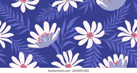 hand drawn summer flowers abstract seamless patterns. Hawaiian floral trendy design for textiles, wallpaper, wrapping paper, fabric, fashion, tropical botanical background vector illustration