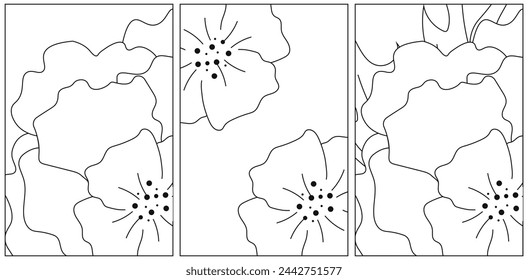 Hand drawn Summer Flowers silhouette card set. Simple Floral elegance aesthetic postcard collection. Graphic poppy. Vector illustration. EPS 10 Editable stroke      