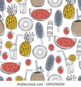 Hand drawn summer food and drinks. Lemonade, watermelon, pineapple and ice cream. Vector  seamless pattern .