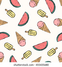 Hand drawn summer food pattern with ice cream cones popsicles and watermelon slices on light background. Suitable for fabric prints wrapping paper and party stationery.