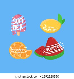 Hand drawn summer fruit and ice cream with summer text.
