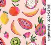 Hand drawn summer fruit in modern artist painting style. Vector illustration. Seamless pattern with Banana, kiwi, strawberry, papaya, lemon, orange, dragon fruit