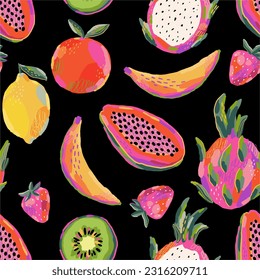 Hand drawn summer fruit in modern artist painting style. Vector illustration. Banana, kiwi, strawberry, papaya, lemon, orange, dragon fruit