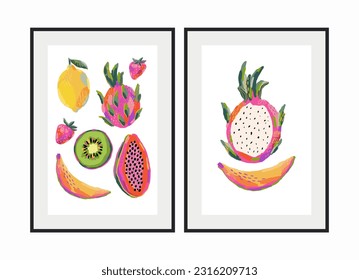 Hand drawn summer fruit in modern artist painting style. Vector illustration. Banana, kiwi, strawberry, papaya, lemon, orange, dragon fruit