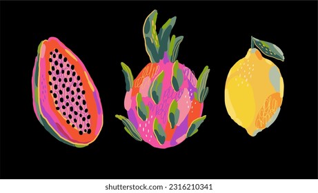 Hand drawn summer fruit in modern artist painting style. Vector illustration. Papaya, dragon fruit, lemon