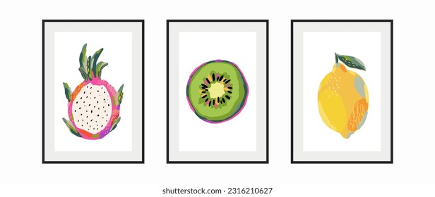 Frutos de verano dibujados a mano en un estilo de pintura artista moderno. Ilustración vectorial.  Kiwi, fruta del dragón, limón