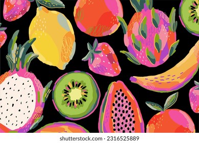 Frutos de verano dibujados a mano en un estilo de pintura artista moderno. Ilustración vectorial. Banana, kiwi, fresa, papaya, limón, naranja, fruta del dragón