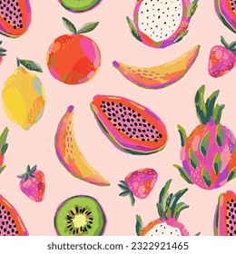 Hand drawn summer fruit in modern artist painting style. Vector illustration. Seamless pattern with Banana, kiwi, strawberry, papaya, lemon, orange, dragon fruit