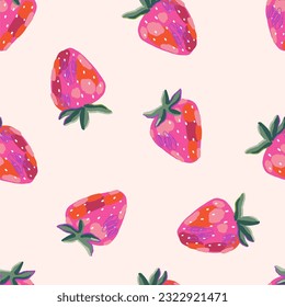 Hand drawn summer fruit in modern artist painting style. Vector illustration. Seamless pattern with strawberry