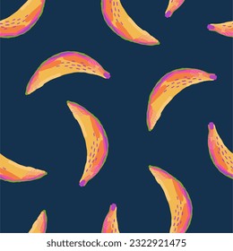 Hand drawn summer fruit in modern artist painting style. Vector illustration. Seamless pattern with banana