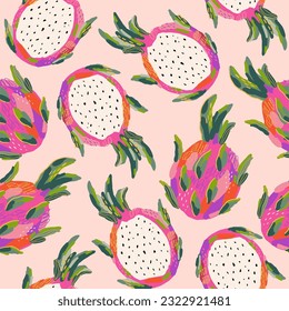 Hand drawn summer fruit in modern artist painting style. Vector illustration. Seamless pattern with dragon fruit
