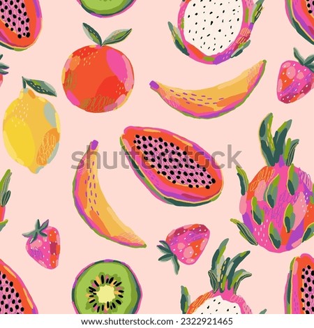 Hand drawn summer fruit in modern artist painting style. Vector illustration. Seamless pattern with Banana, kiwi, strawberry, papaya, lemon, orange, dragon fruit