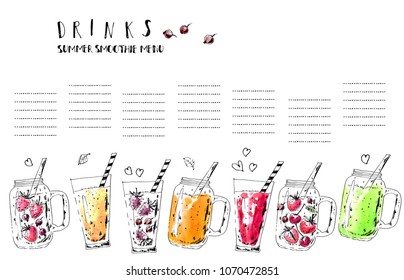 Hand drawn summer fruit smoothie drinks menu. Ink and watercolor stain illustration. Colorful jurs and glasses with berries and lettering. Vector design template.