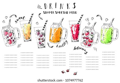 Hand drawn summer fruit smoothie drinks menu. Ink and watercolor stain illustration. Colorful jurs and glasses with berries and lettering. Vector design template.