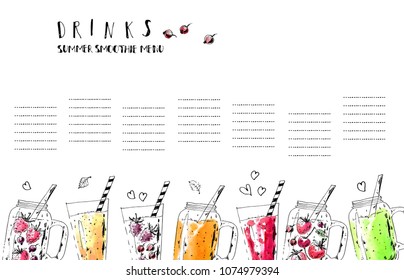 Hand drawn summer fruit smoothie drinks menu. Ink and watercolor stain illustration. Colorful jurs and glasses with berries and lettering. Vector design template.