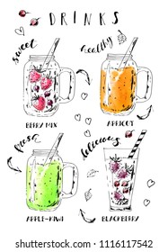 Hand drawn summer fruit smoothie drinks background. Ink and watercolor stain illustration. Colorful jars and glasses with berries and lettering. Vector design template.