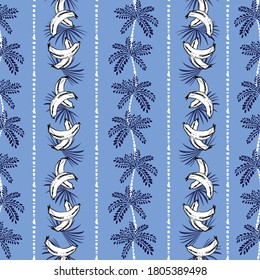 Hand drawn Summer fruits Banana and palm tree vertical stripe seamless pattern vector EPS10,Design for fashion , fabric, textile, wallpaper, cover, web , wrapping and all prints on light blue 